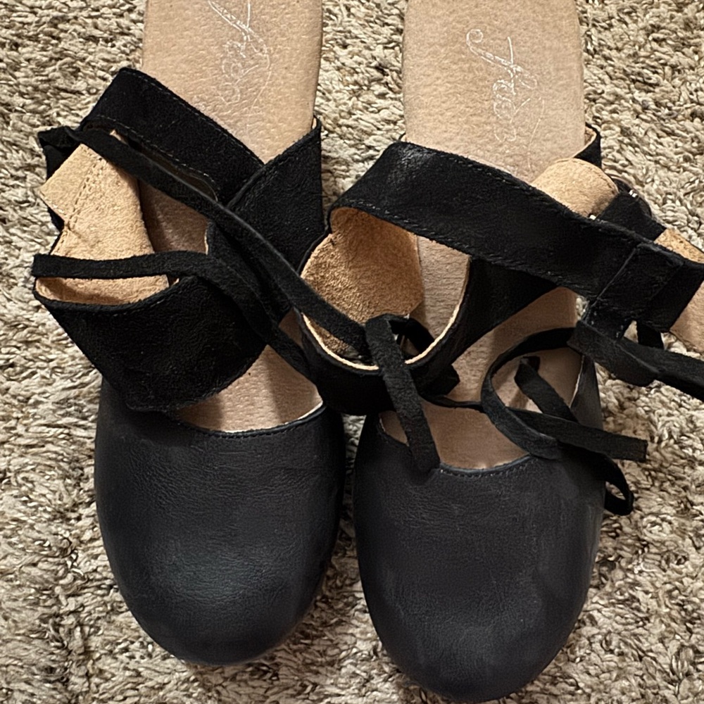 Free People Black Leather Mules with Straps